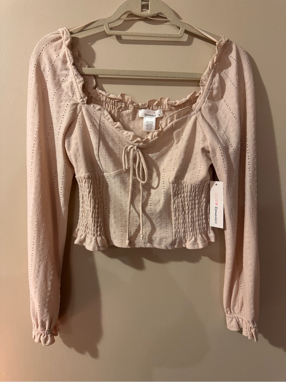 URBAN Romantics Tan Eyelet Tie-Front Cropped Peasant Top